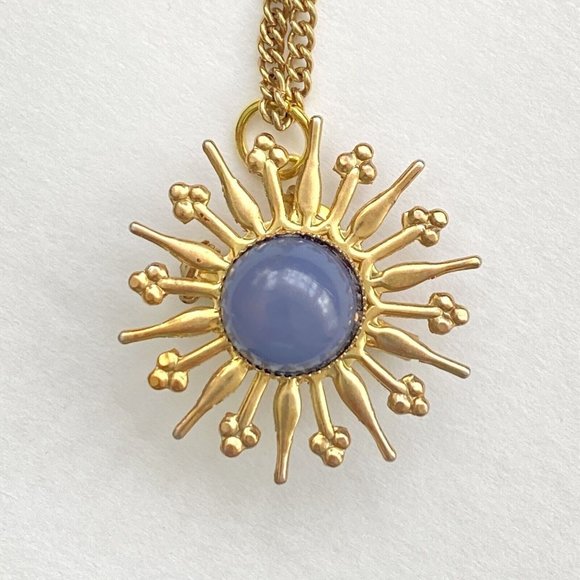 Vintage Metal Die-Cut Sunburst Pendant & Pin Combo On Gold Tone Necklace 25” - Picture 1 of 6